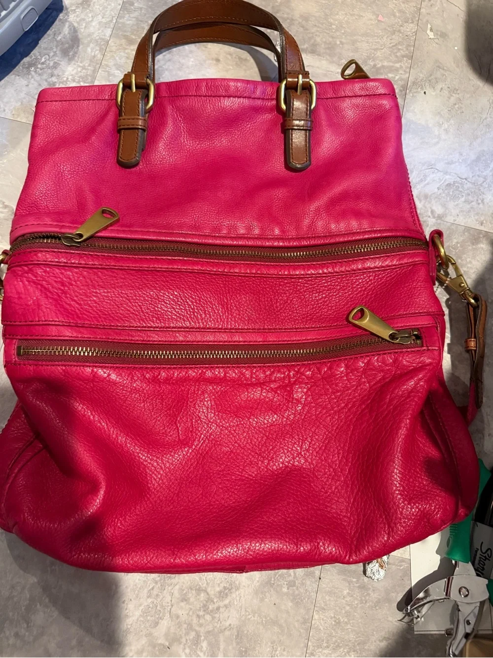 Fossil Hot Pink Leather Tote with Gold Logo